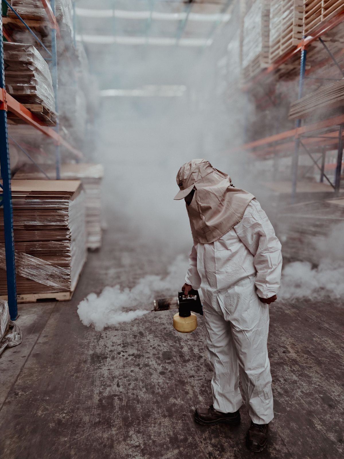 Technician fumigating a commercial warehouse space